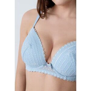 Etam Lightly Lined Lace Plunge Bra 36D 80D Blue Ciel Push Up Underwire NWT